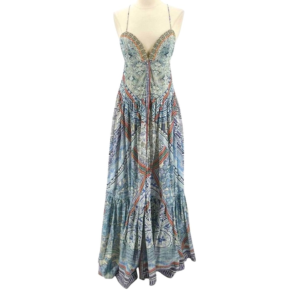 GORGEOUS CAMILLA BLUE PRINT BOHO MAXI DRESS WITH EMBELLISHMENTS